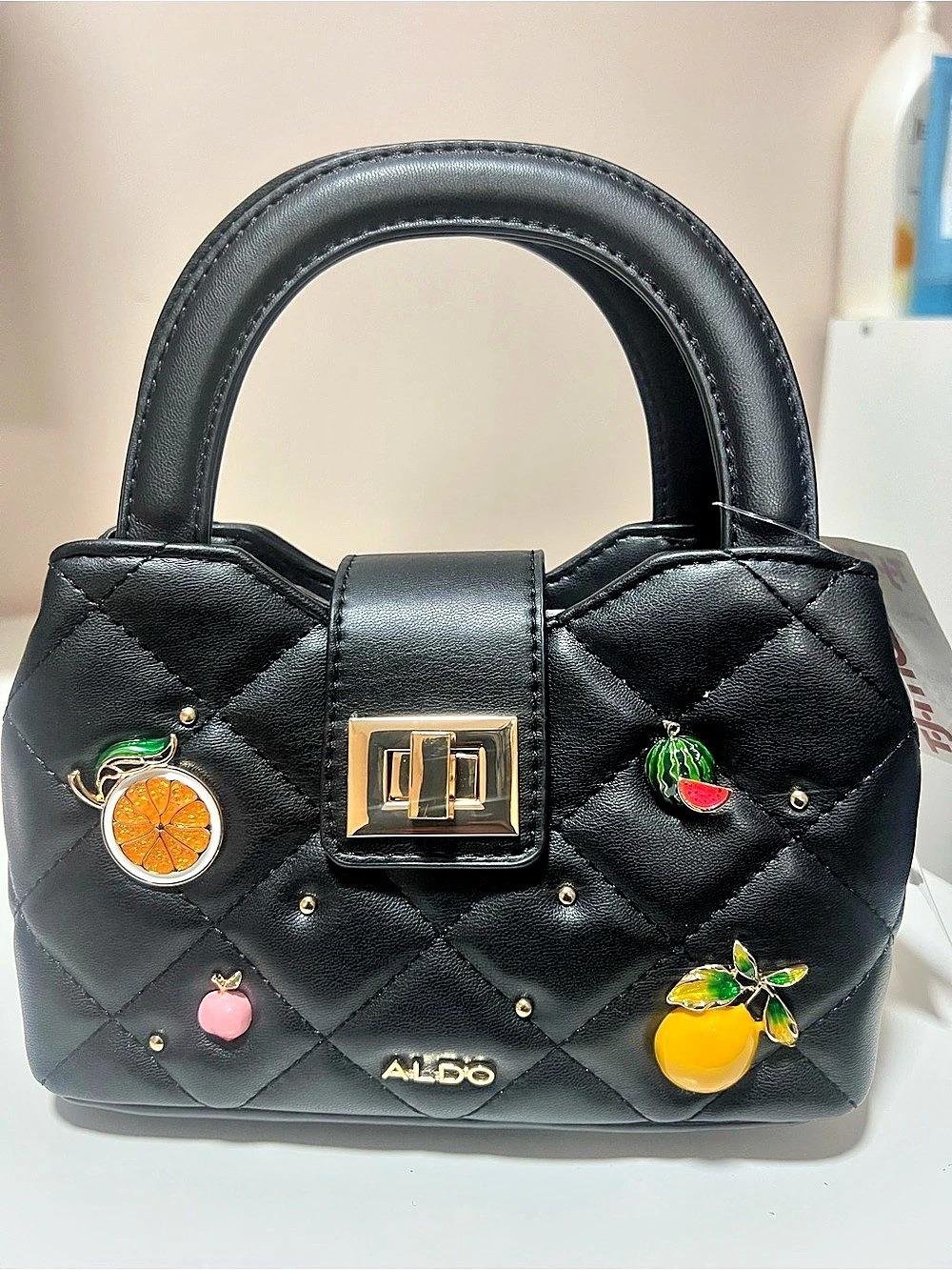 ALDO Black Quilted Fruit-Embellished Shoulder Bag